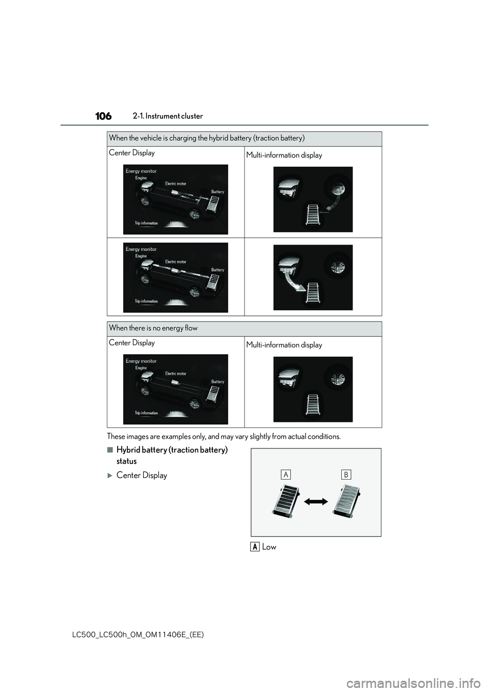 lexus LC500 2018  Owners Manual 106
�-�$����@�-�$����I�@�0�.�@�0�.������&�@�	�&�&�

2-1. Instrument cluster 
These images are examples only, and may  vary slightly from actual conditions.
■Hybrid battery (traction batte