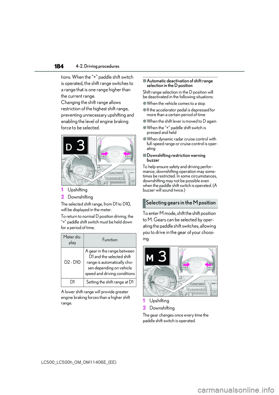 lexus LC500 2018  Owners Manual 184
�-�$����@�-�$����I�@�0�.�@�0�.������&�@�	�&�&�

4-2. Driving procedures
tions. When the “+” paddle shift switch  
is operated, the shift range switches to  
a range that is one rang