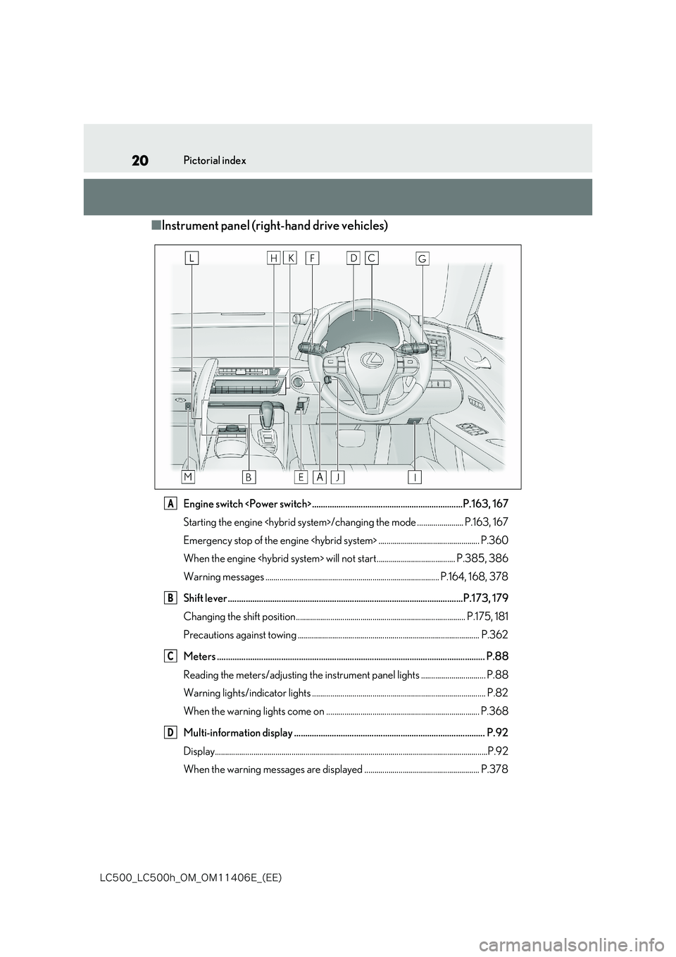 lexus LC500 2018 User Guide 20
�-�$����@�-�$����I�@�0�.�@�0�.������&�@�	�&�&�

Pictorial index
■Instrument panel (right-hand drive vehicles)
Engine switch <Power switch> .............................................