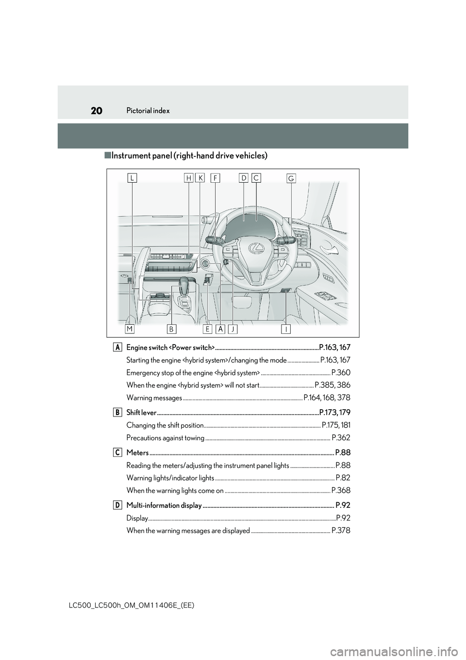 lexus LC500 2018  Owners Manual 20
�-�$����@�-�$����I�@�0�.�@�0�.������&�@�	�&�&�

Pictorial index
■Instrument panel (right-hand drive vehicles)
Engine switch <Power switch> .............................................