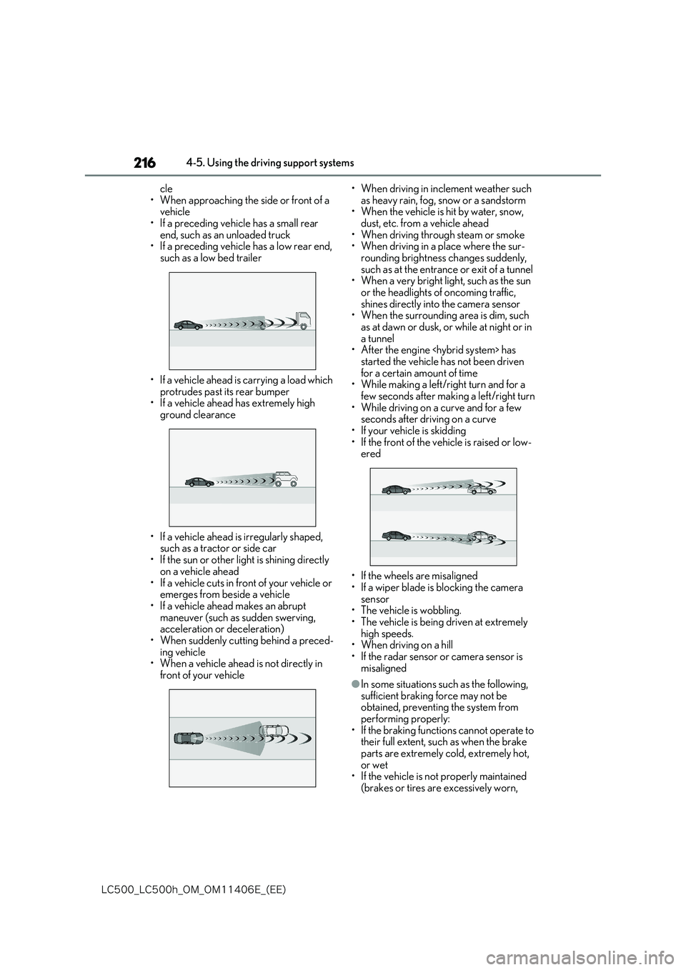 lexus LC500 2018  Owners Manual 216
�-�$����@�-�$����I�@�0�.�@�0�.������&�@�	�&�&�

4-5. Using the driving support systems 
cle • When approaching the side or front of a vehicle 
• If a preceding vehicle has a small r