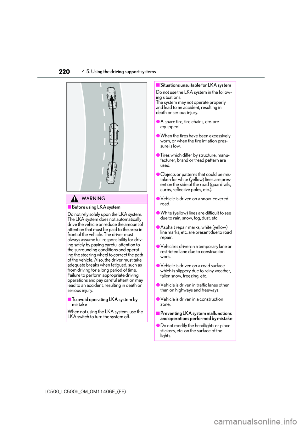 lexus LC500 2018  Owners Manual 220
�-�$����@�-�$����I�@�0�.�@�0�.������&�@�	�&�&�

4-5. Using the driving support systems
WARNING
■Before using LKA system 
Do not rely solely upon the LKA system.  The LKA system does n