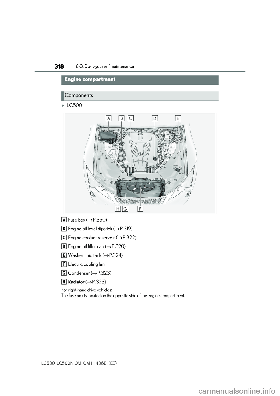 lexus LC500 2018  Owners Manual 318
�-�$����@�-�$����I�@�0�.�@�0�.������&�@�	�&�&�

6-3. Do-it-yourself maintenance
LC500 
Fuse box ( P.350) 
Engine oil level dipstick ( P.319) 
Engine coolant reservoir ( P.32