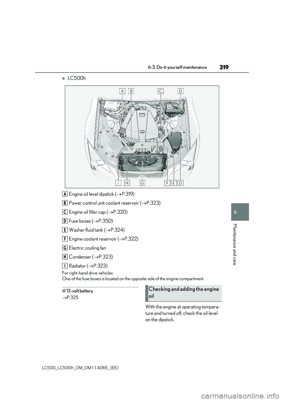 lexus LC500 2018  Owners Manual 319
6
�-�$����@�-�$����I�@�0�.�@�0�.������&�@�	�&�&�

6-3. Do-it-yourself maintenance
Maintenance and care
LC500h 
Engine oil level dipstick ( P.319) 
Power control unit coolant reser