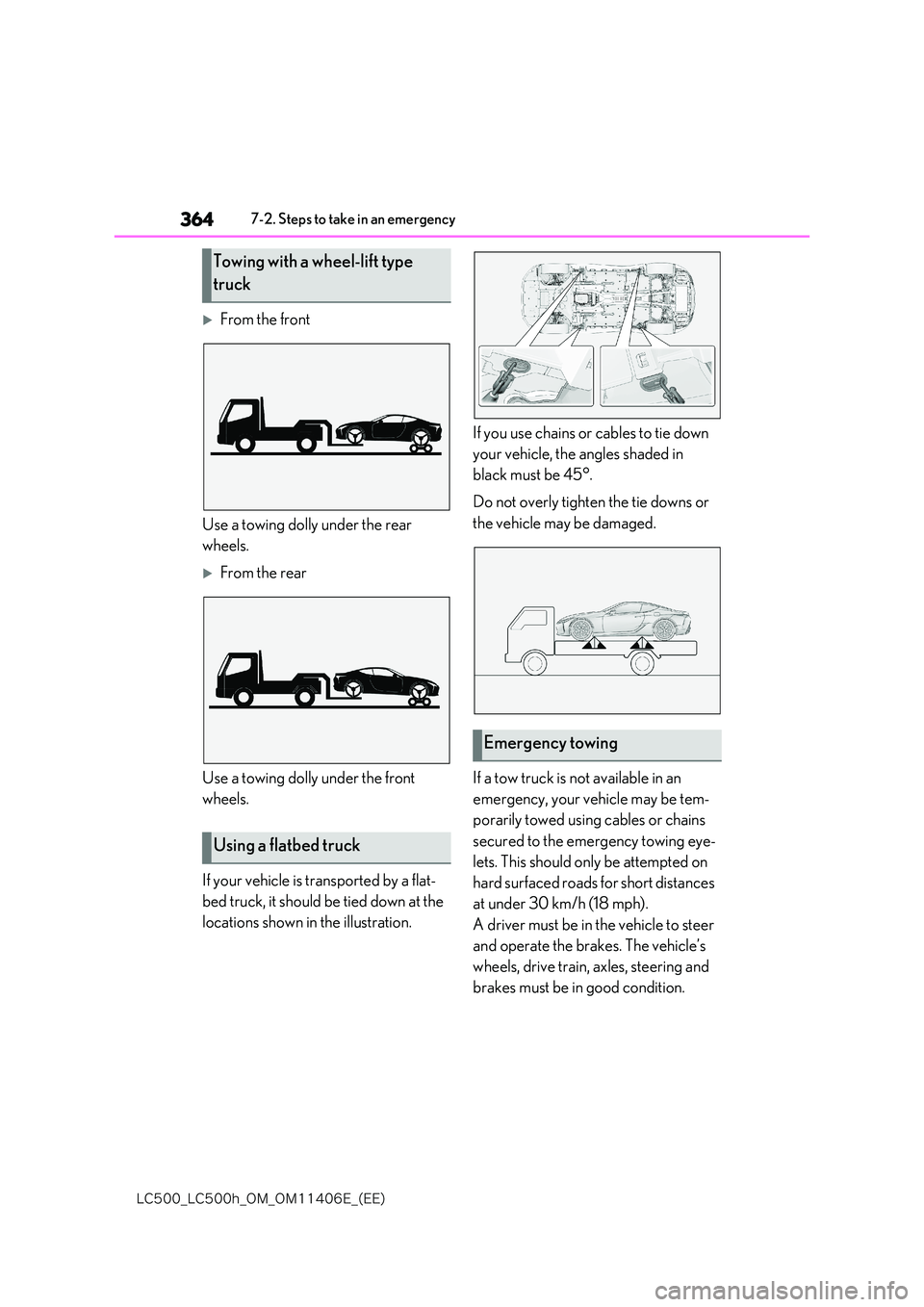 lexus LC500 2018  Owners Manual 364
�-�$����@�-�$����I�@�0�.�@�0�.������&�@�	�&�&�

7-2. Steps to take in an emergency
From the front 
Use a towing doll y under the rear  
wheels.
From the rear 
Use a towing doll y 