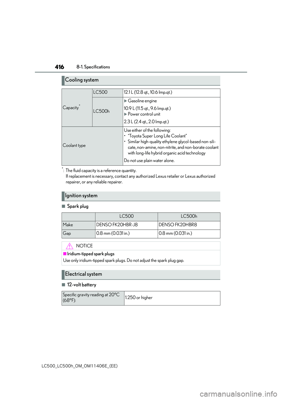 lexus LC500 2018  Owners Manual 416
�-�$����@�-�$����I�@�0�.�@�0�.������&�@�	�&�&�

8-1. Specifications
*: The fluid capacity is a reference quantity. 
If replacement is necessary, contact any auth orized Lexus retailer o