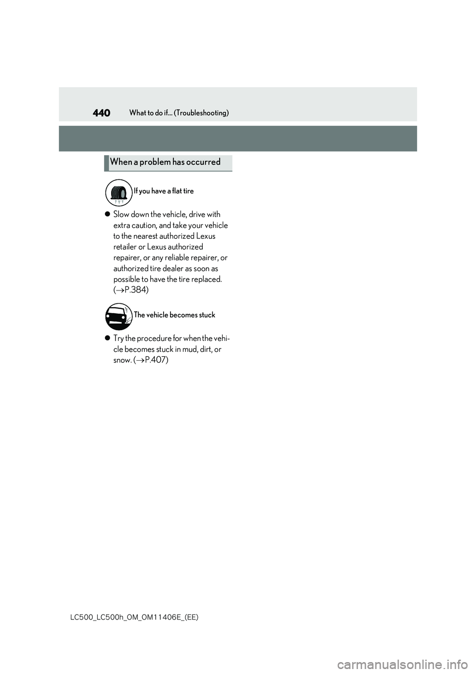 lexus LC500 2018  Owners Manual 440
�-�$����@�-�$����I�@�0�.�@�0�.������&�@�	�&�&�

What to do if... (Troubleshooting)
Slow down the vehicle, drive with  
extra caution, and take your vehicle  
to the nearest authorize