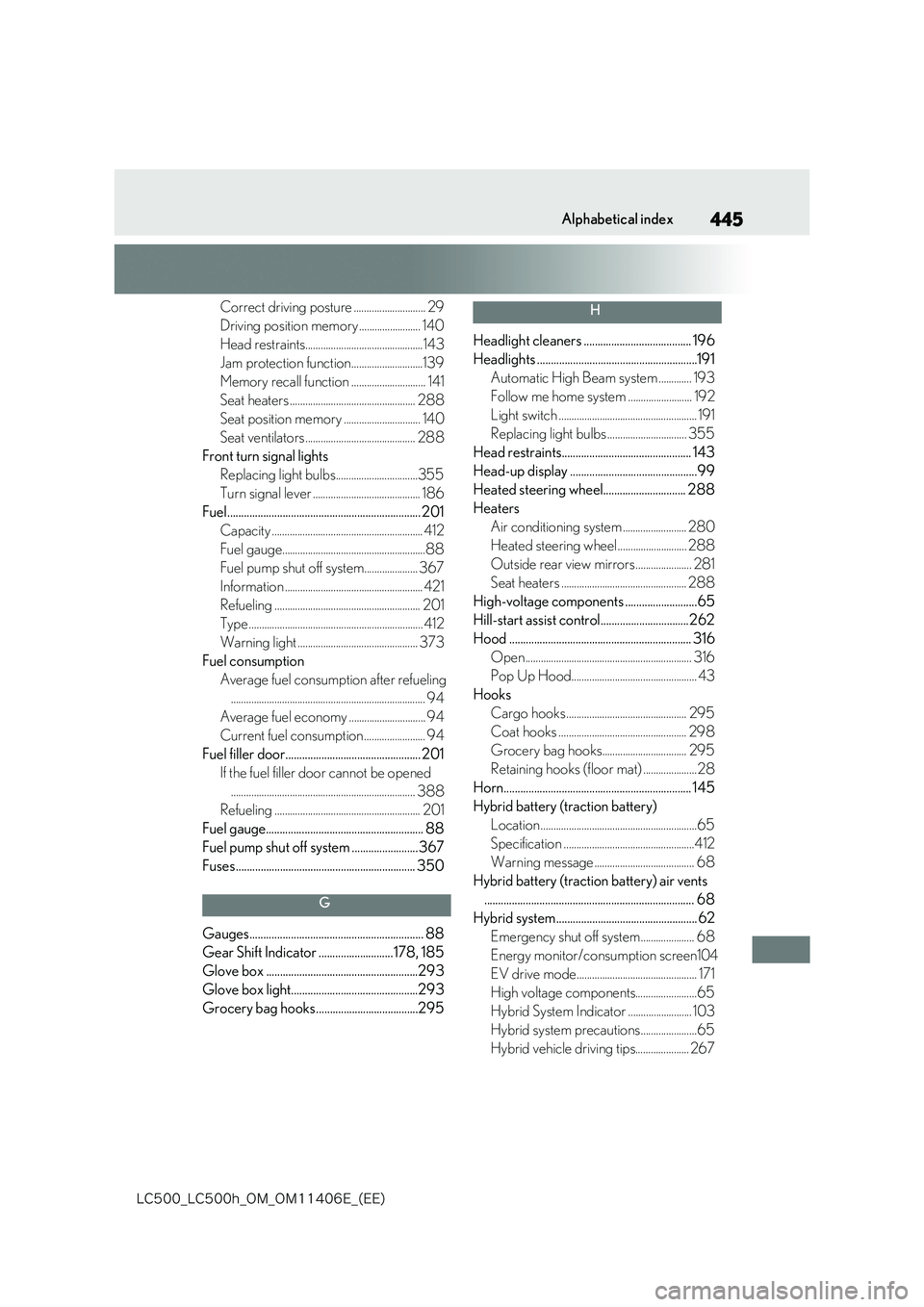 lexus LC500 2018  Owners Manual 445
�-�$����@�-�$����I�@�0�.�@�0�.������&�@�	�&�&�

Alphabetical index
Correct driving posture ............................ 29 
Driving position memory ........................ 140
Head res