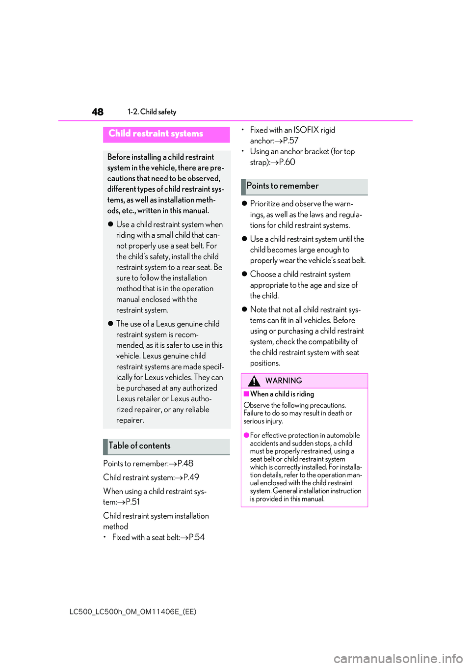 lexus LC500 2018 Service Manual 48
�-�$����@�-�$����I�@�0�.�@�0�.������&�@�	�&�&�

1-2. Child safety
Points to remember:P.48 
Child restraint system: P.49 
When using a child restraint sys- 
tem: P.51 
Child rest