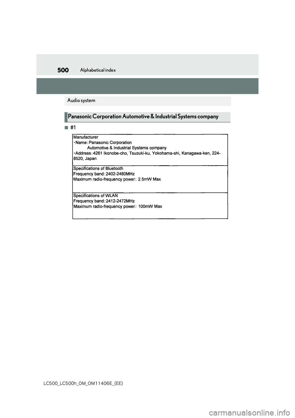lexus LC500 2018  Owners Manual 500
�-�$����@�-�$����I�@�0�.�@�0�.������&�@�	�&�&�

Alphabetical index
■#1
Audio system
Panasonic Corporation Automotive & Industrial Systems company 