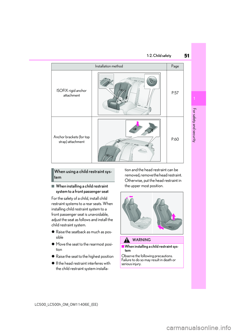 lexus LC500 2018 Workshop Manual 51
1
�-�$����@�-�$����I�@�0�.�@�0�.������&�@�	�&�&�

1-2. Child safety
For safety and security
■When installing a child restraint  
system to a front passenger seat 
For the safety of a c