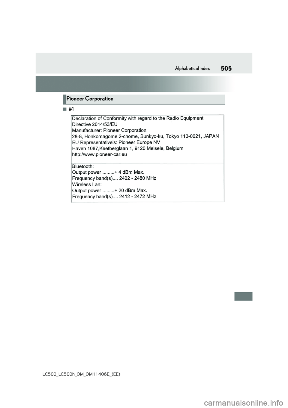 lexus LC500 2018  Owners Manual 505
�-�$����@�-�$����I�@�0�.�@�0�.������&�@�	�&�&�

Alphabetical index
■#1
Pioneer Corporation 