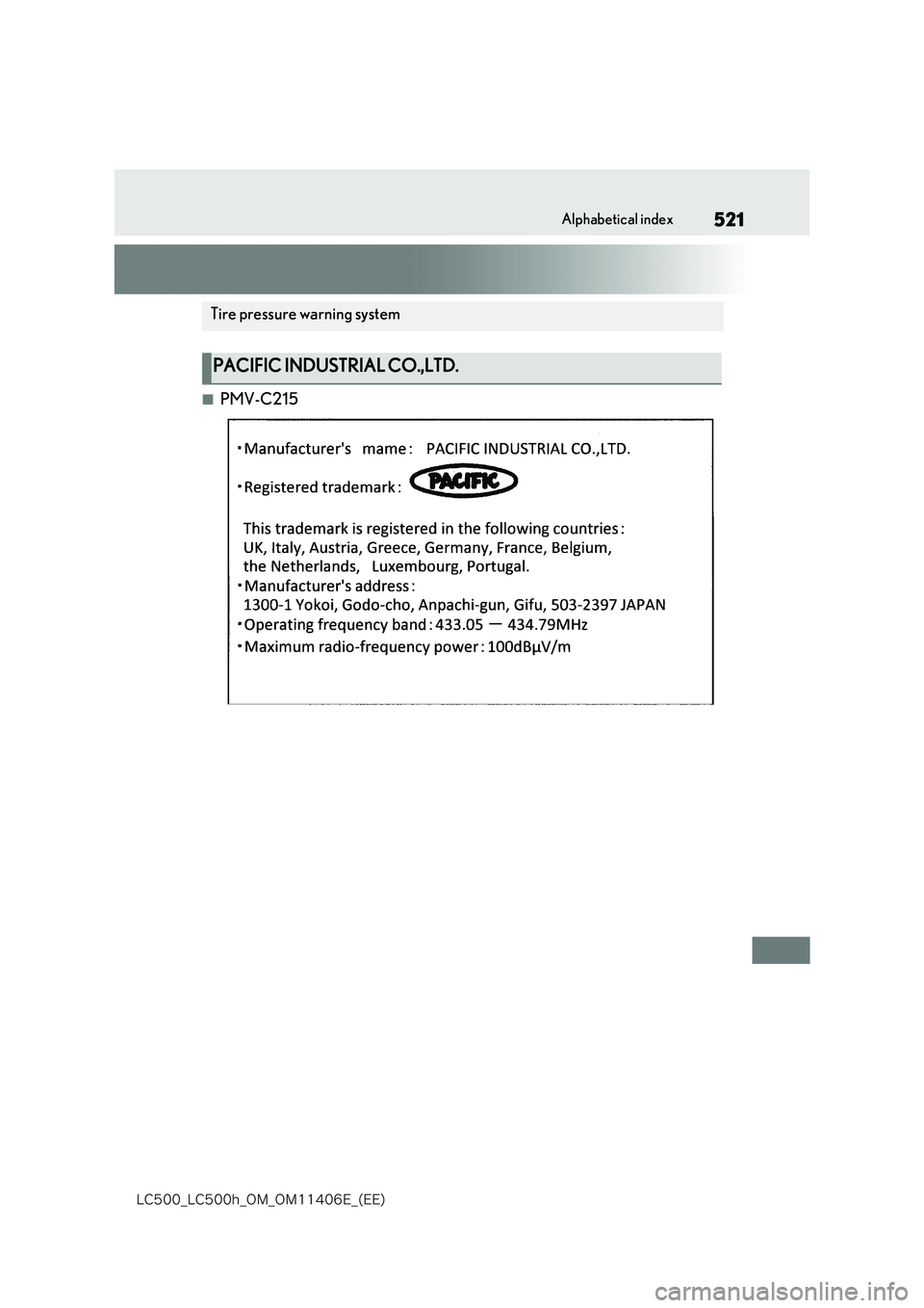 lexus LC500 2018  Owners Manual 521
�-�$����@�-�$����I�@�0�.�@�0�.������&�@�	�&�&�

Alphabetical index
■PMV-C215
Tire pressure warning system
PACIFIC INDUSTRIAL CO.,LTD. 