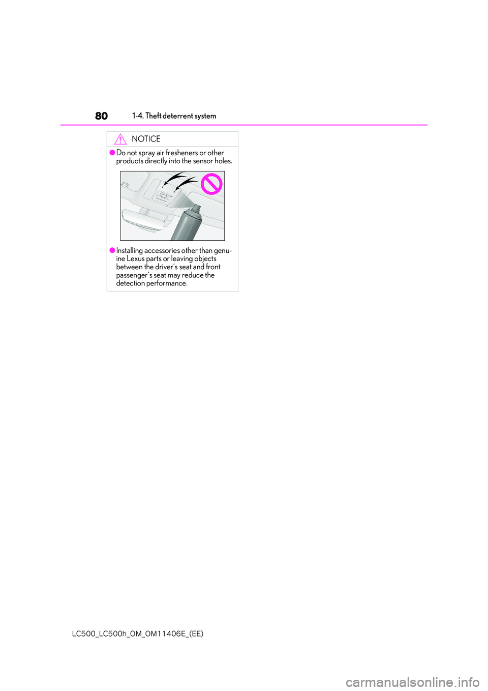 lexus LC500 2018 Manual PDF 80
�-�$����@�-�$����I�@�0�.�@�0�.������&�@�	�&�&�

1-4. Theft deterrent system
NOTICE
●Do not spray air fresheners or other  products directly into the sensor holes.
●Installing accesso