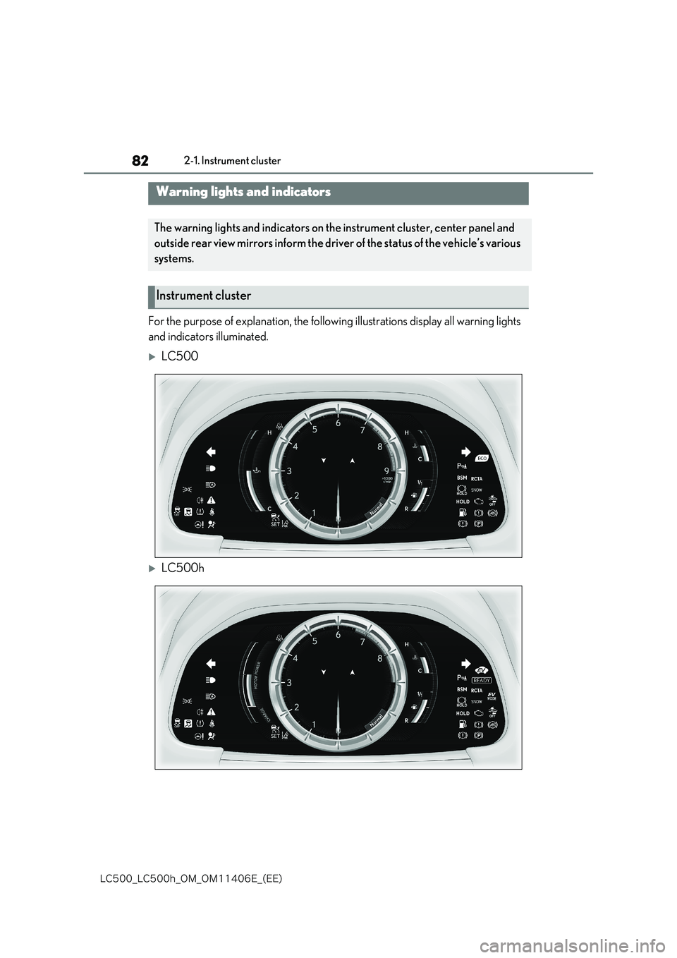 lexus LC500 2018 Manual Online 82
�-�$����@�-�$����I�@�0�.�@�0�.������&�@�	�&�&�

2-1. Instrument cluster
2-1.Instrument clus te r
For the purpose of explanation, the following illustrations display all warning lights  

