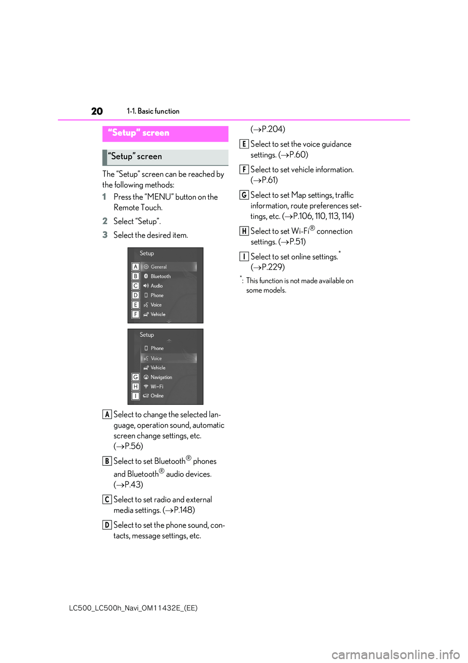 lexus LC500 2018  Navigation Manual 20
�-�$����@�-�$����I�@�/�B�W�J�@�0�.������&�@�	�&�&�

1-1. Basic function
The “Setup” screen can be reached by  
the following methods: 
1 Press the “MENU” button on the  
Remote T