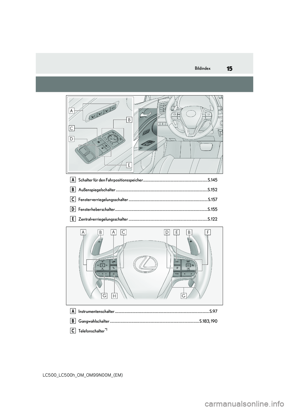 lexus LC500 2018  Betriebsanleitung (in German) 15
�-�$����@�-�$����I�@�0�.�@�0�.���/���.�@�	�&�.�

Bildindex
Schalter für den Fahrpositionsspeicher............................................................................S.145 
Außen