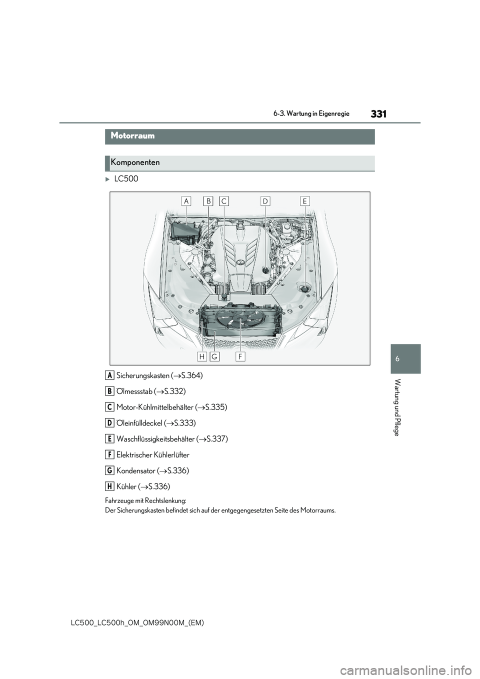 lexus LC500 2018  Betriebsanleitung (in German) 331
6
�-�$����@�-�$����I�@�0�.�@�0�.���/���.�@�	�&�.�

6-3. Wartung in Eigenregie
Wartung und Pflege
LC500 
Sicherungskasten ( S.364) 
Ölmessstab ( S.332) 
Motor-Kühlmittelbehält