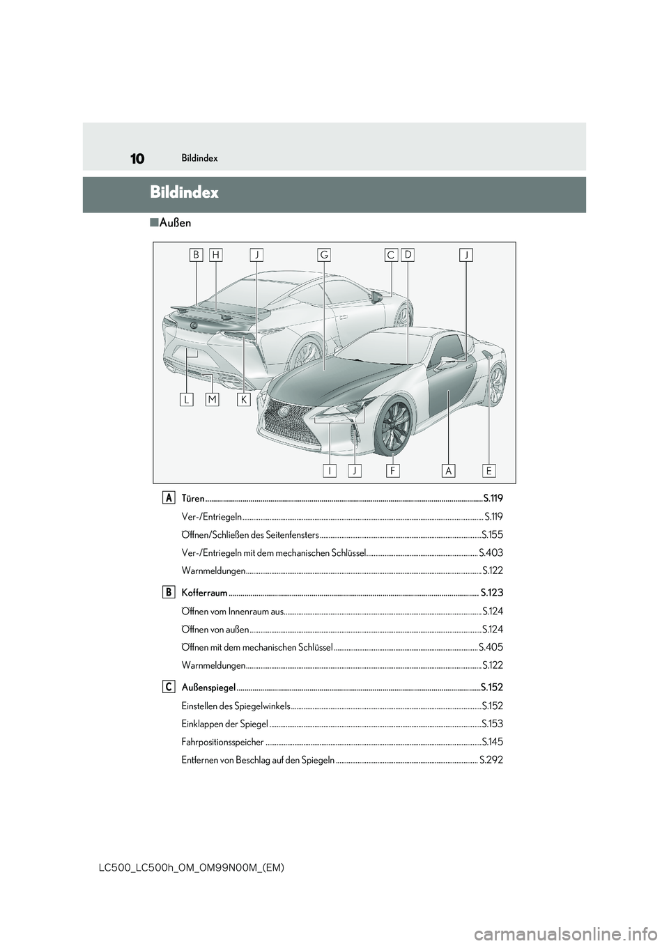 lexus LC500 2018  Betriebsanleitung (in German) 10
�-�$����@�-�$����I�@�0�.�@�0�.���/���.�@�	�&�.�

Bildindex
Bildindex
■Außen
Türen .....................................................................................................