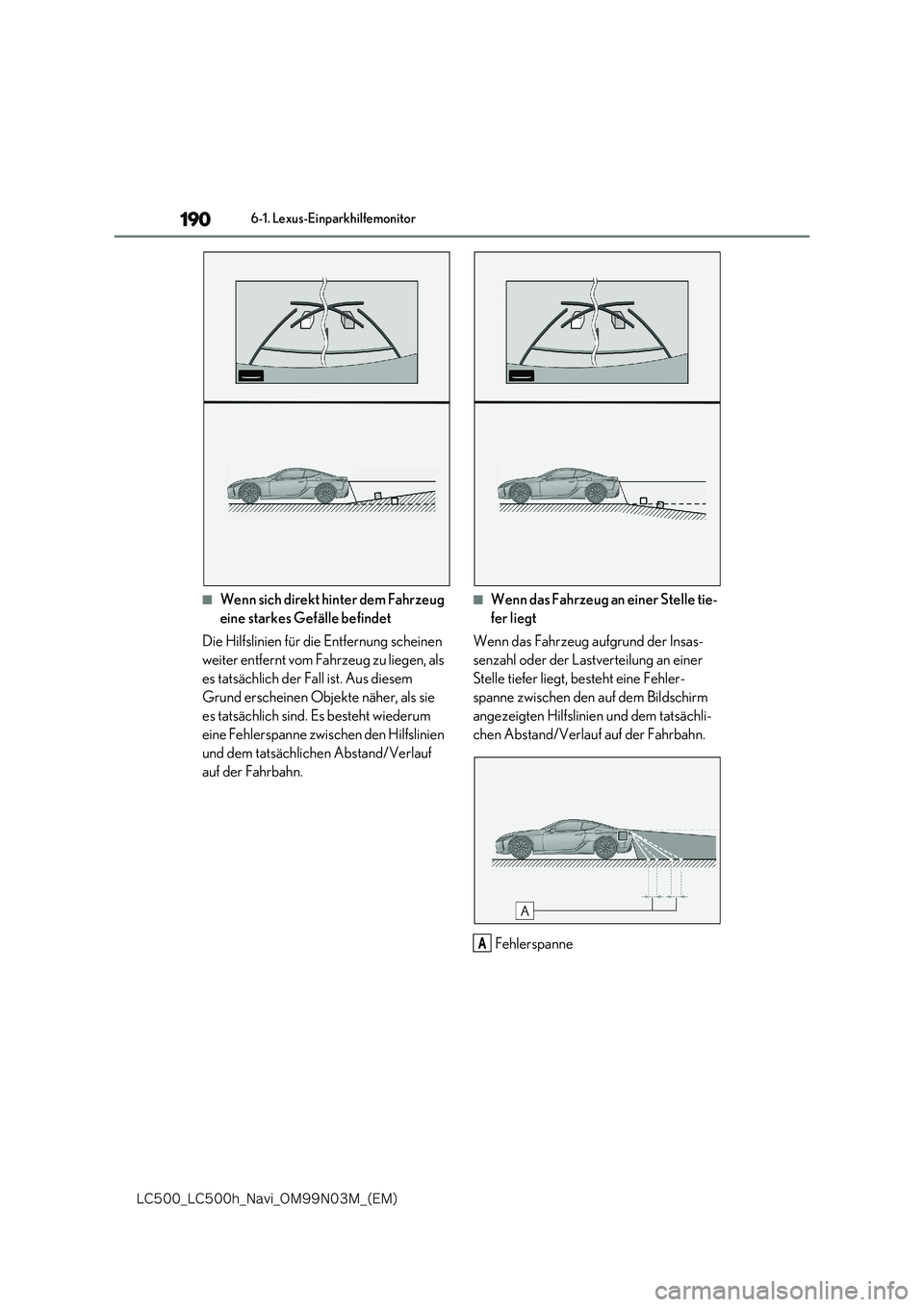 lexus LC500 2018  Navigationshandbuch (in German) 190
�-�$����@�-�$����I�@�/�B�W�J�@�0�.���/���.�@�	�&�.�

6-1. Lexus-Einparkhilfemonitor
■Wenn sich direkt hinter dem Fahrzeug  
eine starkes Gefälle befindet 
Die Hilfslinien für die Ent