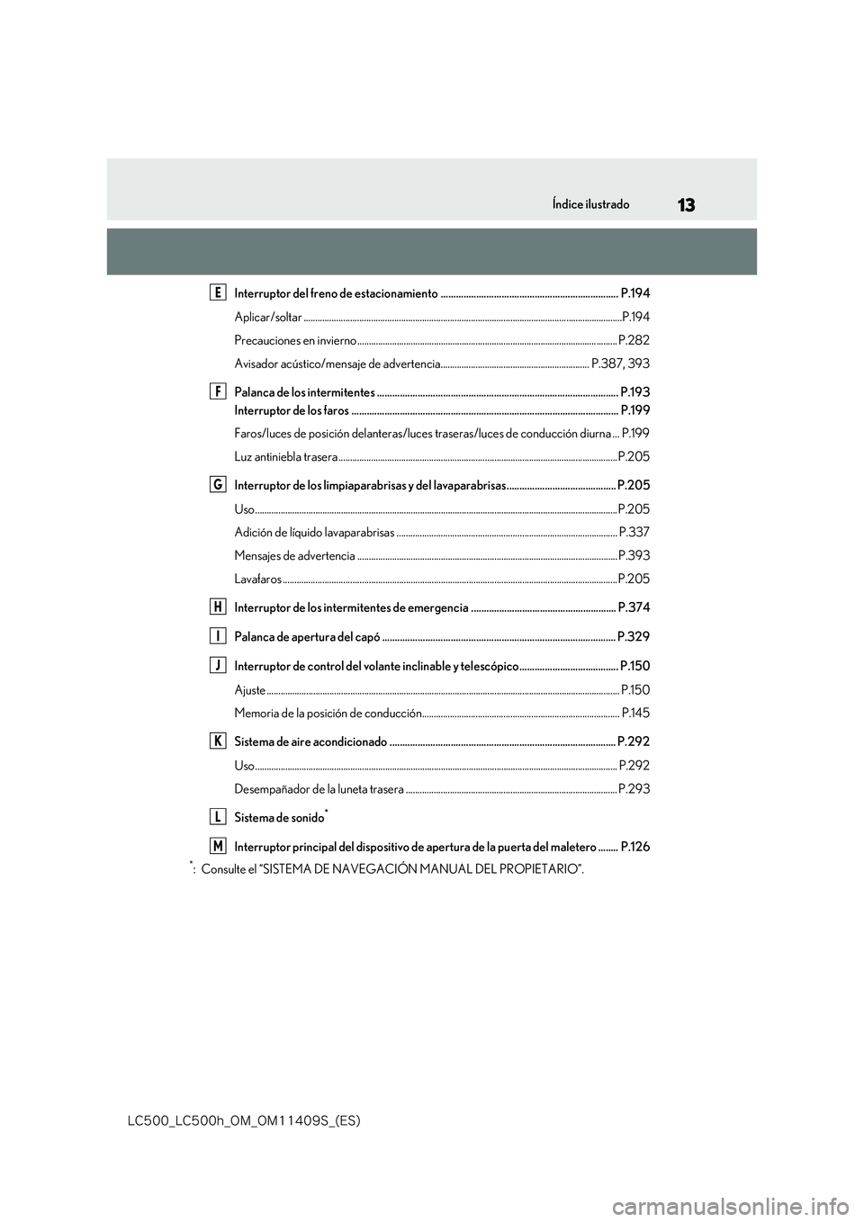 lexus LC500 2018  Manual del propietario (in Spanish) 13
�-�$����@�-�$����I�@�0�.�@�0�.������4�@�	�&�4�

Índice ilustrado
Interruptor del freno de estacionamiento ...................................................................... P.194 
A