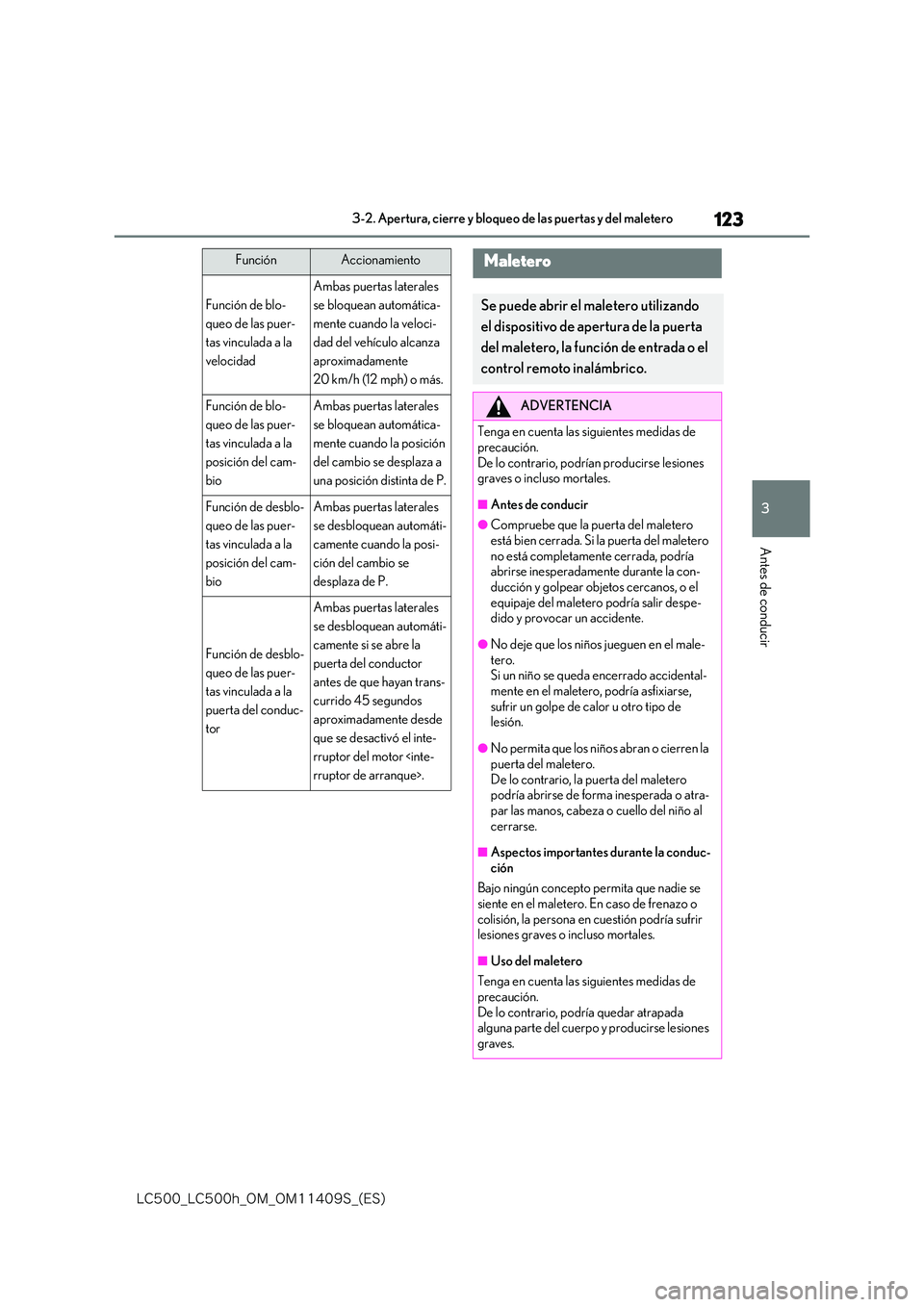 lexus LC500 2018  Manual del propietario (in Spanish) 123
3
�-�$����@�-�$����I�@�0�.�@�0�.������4�@�	�&�4�

3-2. Apertura, cierre y bloqueo de las puertas y del maletero
Antes de conducir
FunciónAccionamiento
Función de blo- 
queo de las pue
