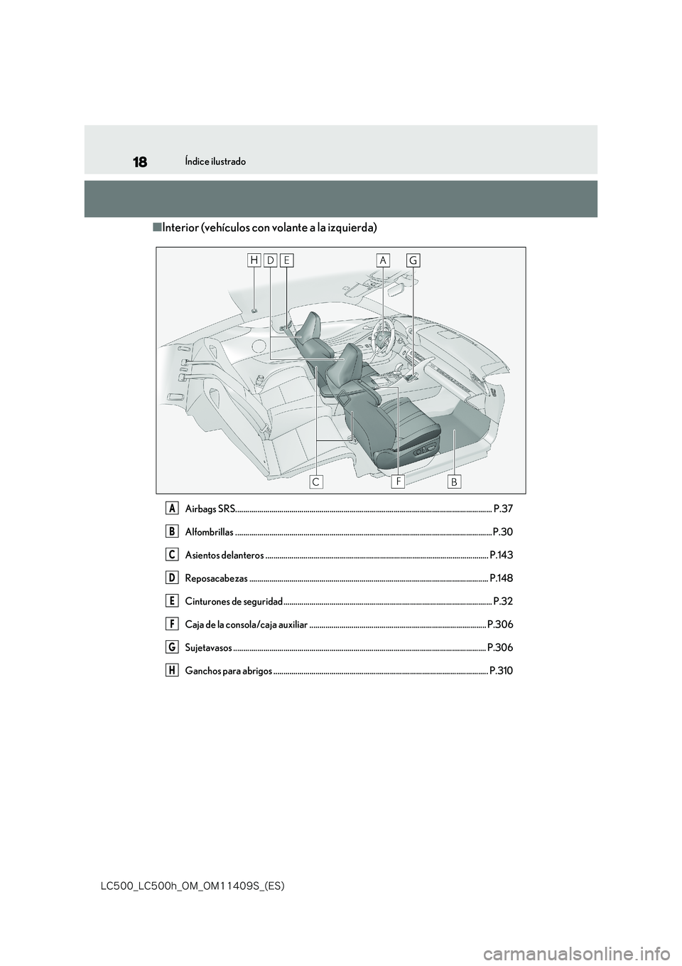 lexus LC500 2018  Manual del propietario (in Spanish) 18
�-�$����@�-�$����I�@�0�.�@�0�.������4�@�	�&�4�

Índice ilustrado
■Interior (vehículos con volante a la izquierda)
Airbags SRS.........................................................