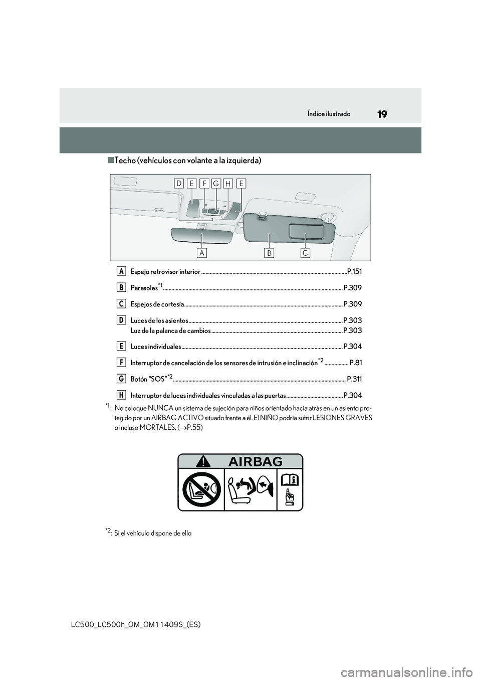 lexus LC500 2018  Manual del propietario (in Spanish) 19
�-�$����@�-�$����I�@�0�.�@�0�.������4�@�	�&�4�

Índice ilustrado
■Techo (vehículos con volante a la izquierda)
Espejo retrovisor interior ............................................