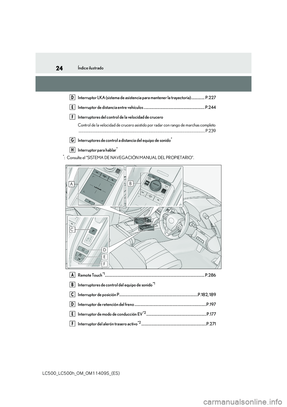 lexus LC500 2018  Manual del propietario (in Spanish) 24
�-�$����@�-�$����I�@�0�.�@�0�.������4�@�	�&�4�

Índice ilustrado 
Interruptor LKA (sistema de asistencia para mantener la trayectoria)................ P.227 
Interruptor de distancia en