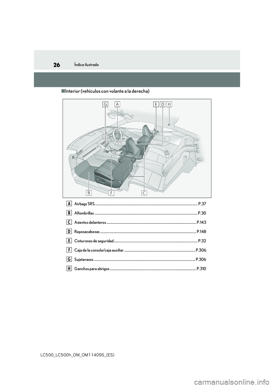 lexus LC500 2018  Manual del propietario (in Spanish) 26
�-�$����@�-�$����I�@�0�.�@�0�.������4�@�	�&�4�

Índice ilustrado
■Interior (vehículos con volante a la derecha)
Airbags SRS...........................................................