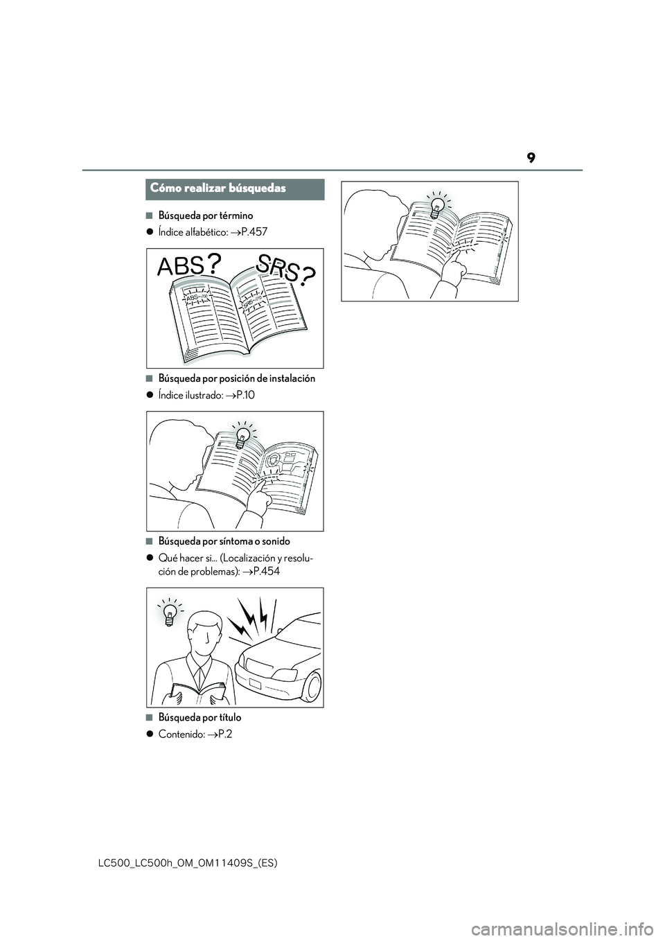 lexus LC500 2018  Manual del propietario (in Spanish) 9
�-�$����@�-�$����I�@�0�.�@�0�.������4�@�	�&�4�

■Búsqueda por término 
 Índice alfabético: P.457
■Búsqueda por posición de instalación 
 Índice ilustrado: P.10
■