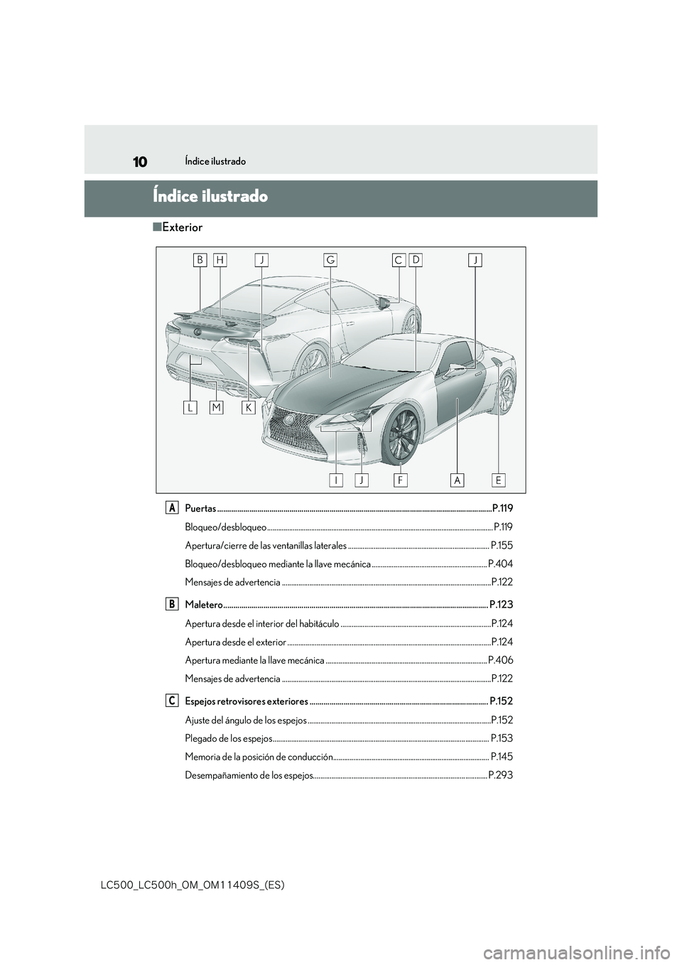 lexus LC500 2018  Manual del propietario (in Spanish) 10
�-�$����@�-�$����I�@�0�.�@�0�.������4�@�	�&�4�

Índice ilustrado
Índice ilustrado
■Exterior
Puertas ..................................................................................