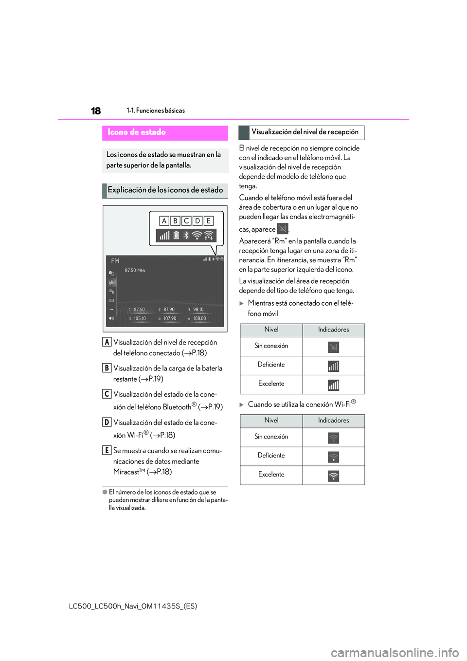 lexus LC500 2018  Manual de navegación (in Spanish) 18
�-�$����@�-�$����I�@�/�B�W�J�@�0�.������4�@�	�&�4�

1-1. Funciones básicas
Visualización del nivel de recepción  
del teléfono conectado ( P.18) 
Visualización de la carga de la 