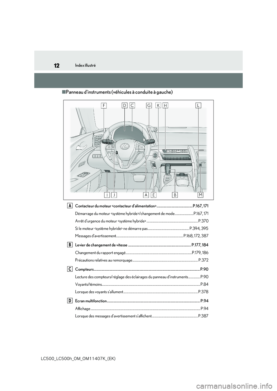 lexus LC500 2018  Manuel du propriétaire (in French) 12
�-�$����@�-�$����I�@�0�.�@�0�.������,�@�	�&�,�

Index illustré
■Panneau d’instruments (véhicules à conduite à gauche)
Contacteur du moteur <contacteur d’alimentation> .........