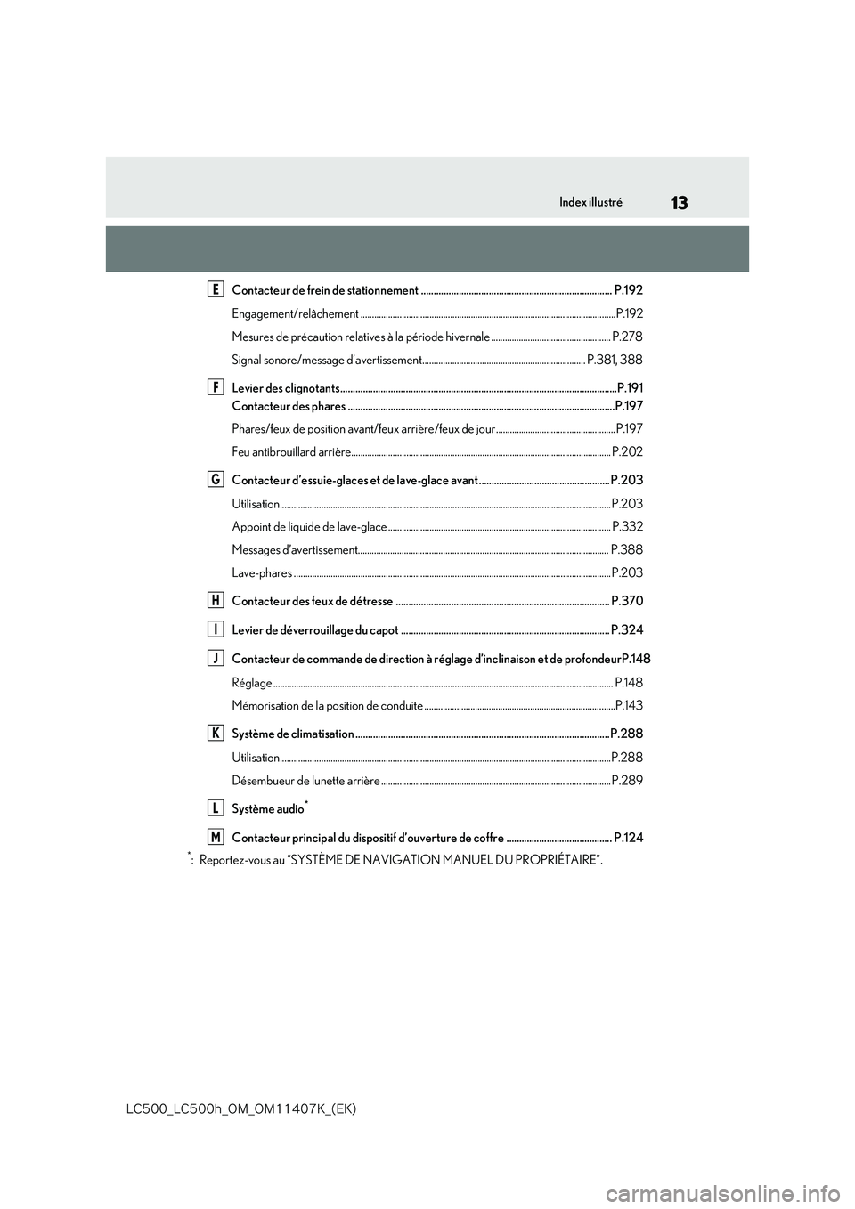 lexus LC500 2018  Manuel du propriétaire (in French) 13
�-�$����@�-�$����I�@�0�.�@�0�.������,�@�	�&�,�

Index illustré
Contacteur de frein de stationnement ............................................................................ P.192 
E