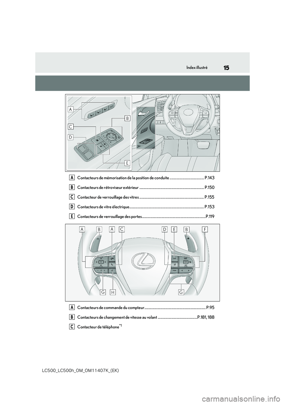 lexus LC500 2018  Manuel du propriétaire (in French) 15
�-�$����@�-�$����I�@�0�.�@�0�.������,�@�	�&�,�

Index illustré
Contacteurs de mémorisation de la position de conduite ......................................... P.143 
Contacteurs de r