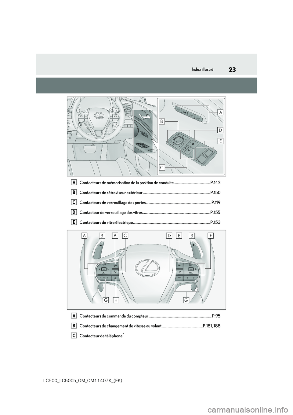 lexus LC500 2018  Manuel du propriétaire (in French) 23
�-�$����@�-�$����I�@�0�.�@�0�.������,�@�	�&�,�

Index illustré
Contacteurs de mémorisation de la position de conduite ......................................... P.143 
Contacteurs de r�