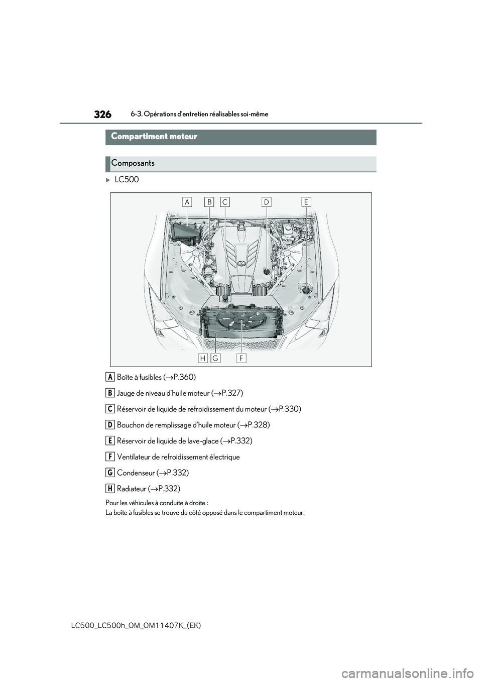 lexus LC500 2018  Manuel du propriétaire (in French) 326
�-�$����@�-�$����I�@�0�.�@�0�.������,�@�	�&�,�

6-3. Opérations d’entretien réalisables soi-même
LC500 
Boîte à fusibles ( P.360) 
Jauge de niveau d’huile moteur ( P.3