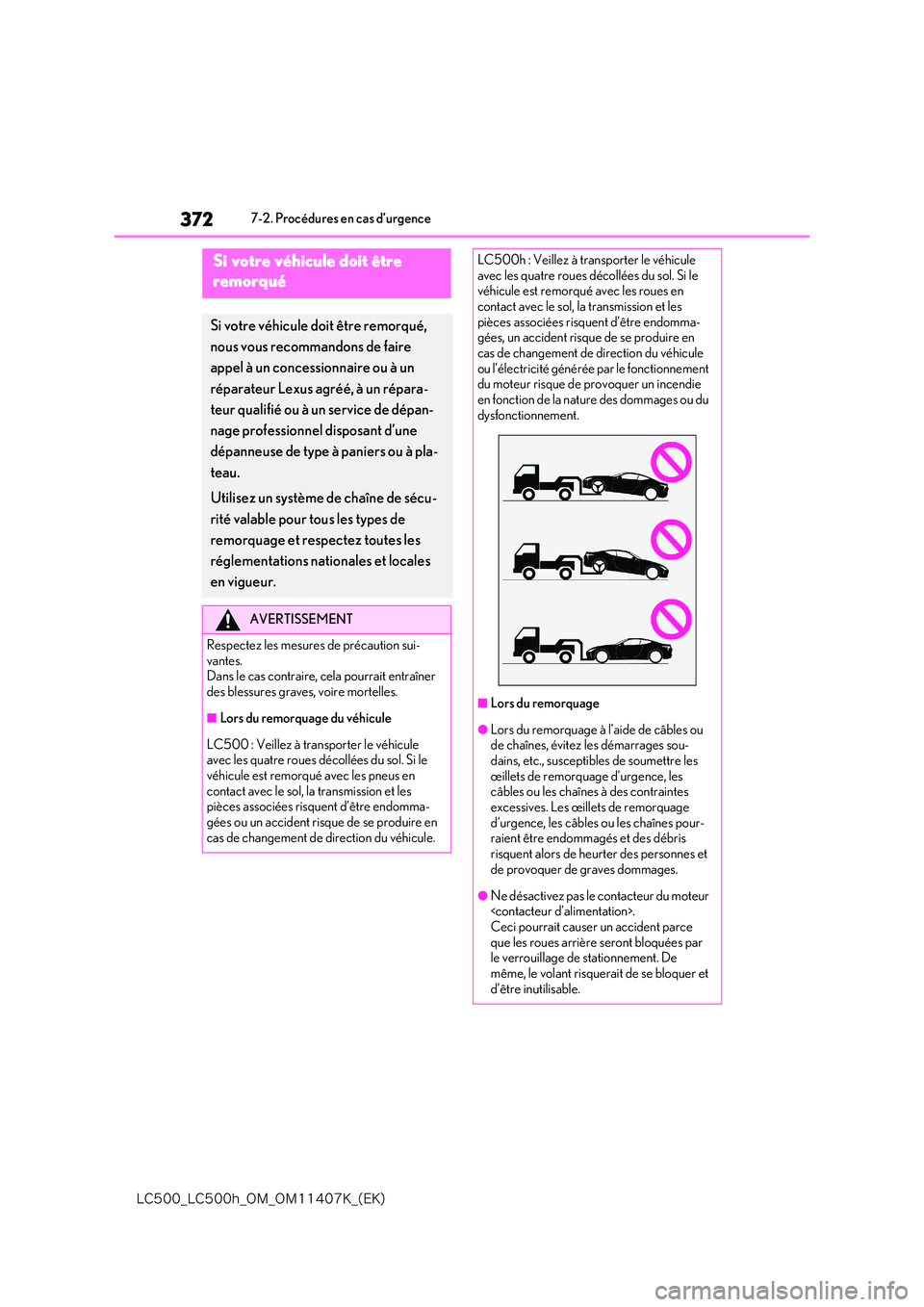 lexus LC500 2018  Manuel du propriétaire (in French) 372
�-�$����@�-�$����I�@�0�.�@�0�.������,�@�	�&�,�

7-2. Procédures en cas d’urgence
7-2.Procédures  en cas d’urgence
Si votre véhicule doit être  
remorqué
Si votre véhicule doit