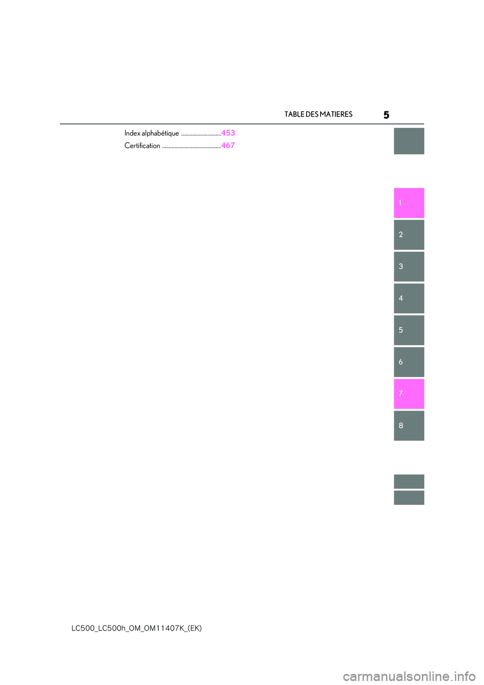 lexus LC500 2018  Manuel du propriétaire (in French) 5
�-�$����@�-�$����I�@�0�.�@�0�.������,�@�	�&�,�

TABLE DES MATIERES
1 
6 
5
4
3
2
8
7
Index alphabétique  ............................. 453 
Certification ................................