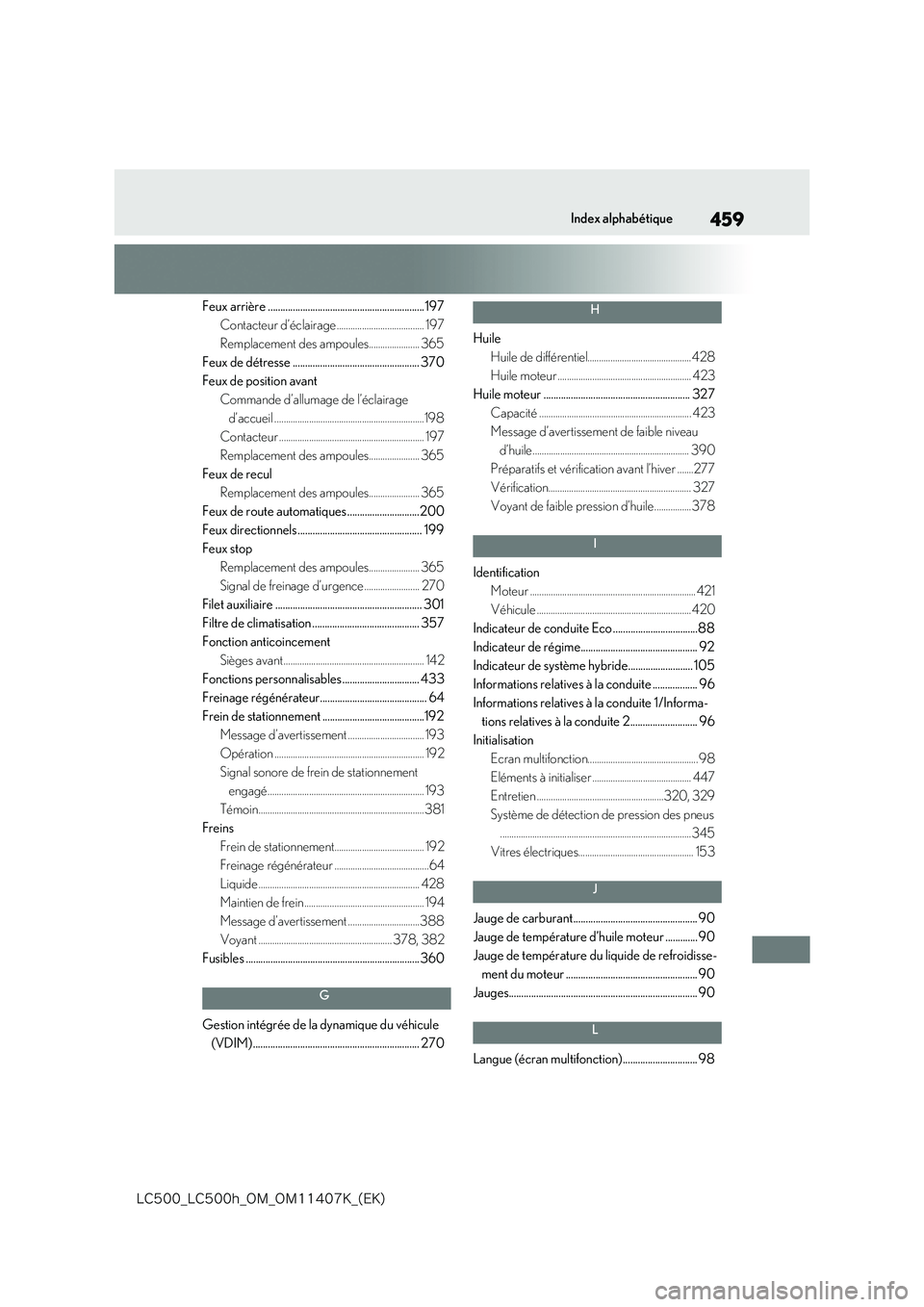 lexus LC500 2018  Manuel du propriétaire (in French) 459
�-�$����@�-�$����I�@�0�.�@�0�.������,�@�	�&�,�

Index alphabétique
Feux arrière ............................................................... 197 
Contacteur d’éclairage ........