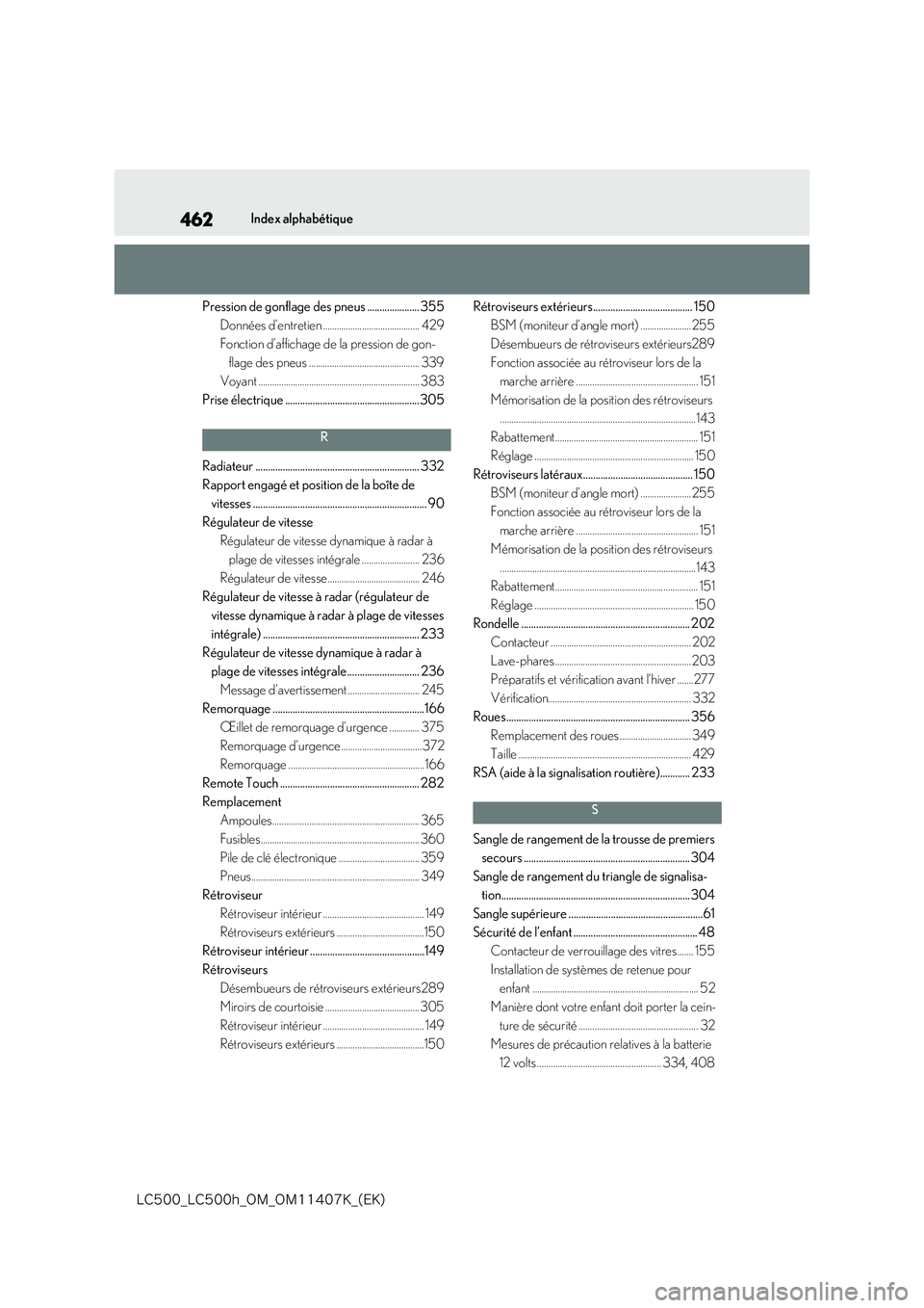 lexus LC500 2018  Manuel du propriétaire (in French) 462
�-�$����@�-�$����I�@�0�.�@�0�.������,�@�	�&�,�

Index alphabétique 
Pression de gonflage des pneus ..................... 355 
Données d’entretien ...................................