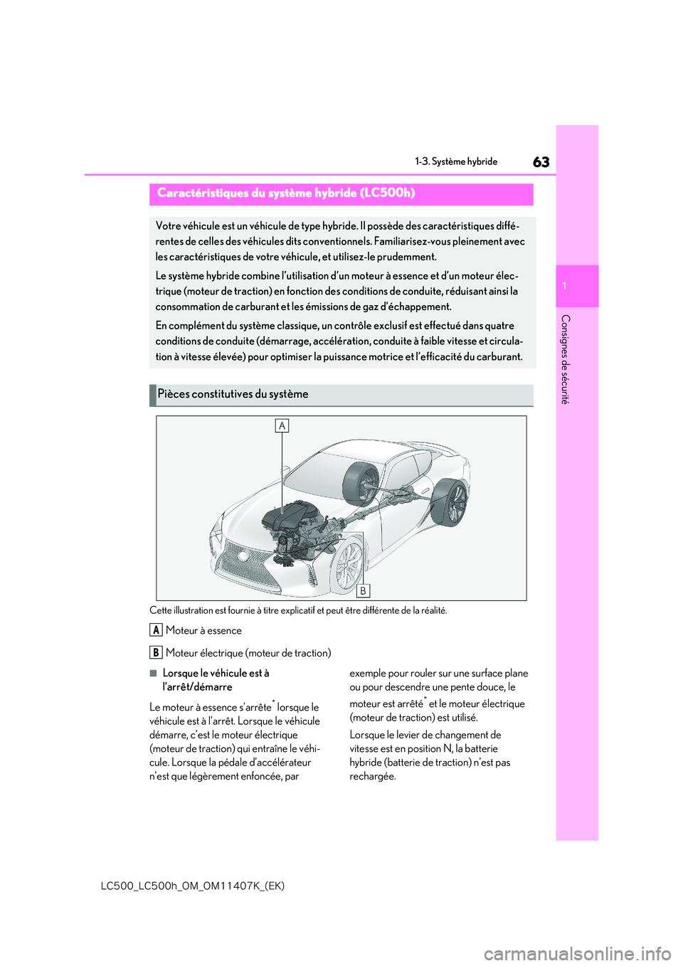 lexus LC500 2018  Manuel du propriétaire (in French) 63
1
�-�$����@�-�$����I�@�0�.�@�0�.������,�@�	�&�,�

1-3. Système hybride
Consignes de sécurité
1-3.Système hyb ride
Cette illustration est fournie à titre explicatif et peut être dif
