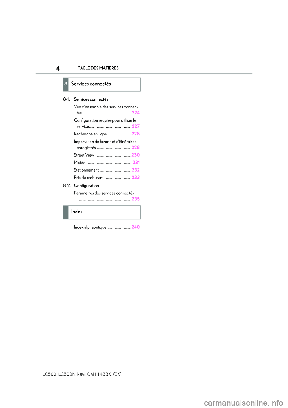 lexus LC500 2018  Système de navigation manuel du propriétaire (in French) 4
�-�$����@�-�$����I�@�/�B�W�J�@�0�.������,�@�	�&�,�

TABLE DES MATIERES
8-1. Services connectés 
Vue d’ensemble des services connec- 
tés ..............................................