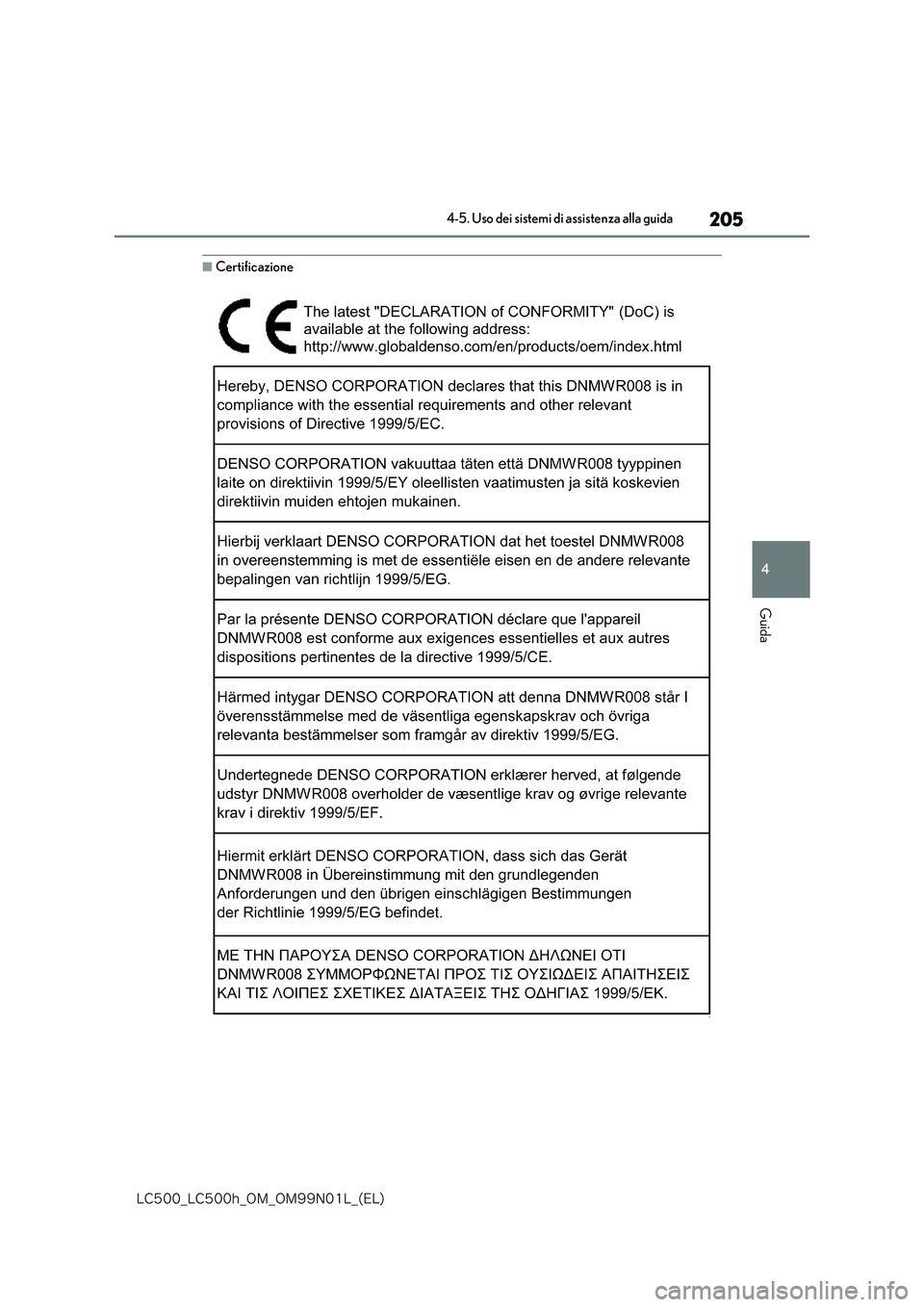 lexus LC500 2018  Manuale del proprietario (in Italian) 205
4
�-�$����@�-�$����I�@�0�.�@�0�.���/���-�@�	�&�-�

4-5. Uso dei sistemi di assistenza alla guida
Guida
■Certificazione 