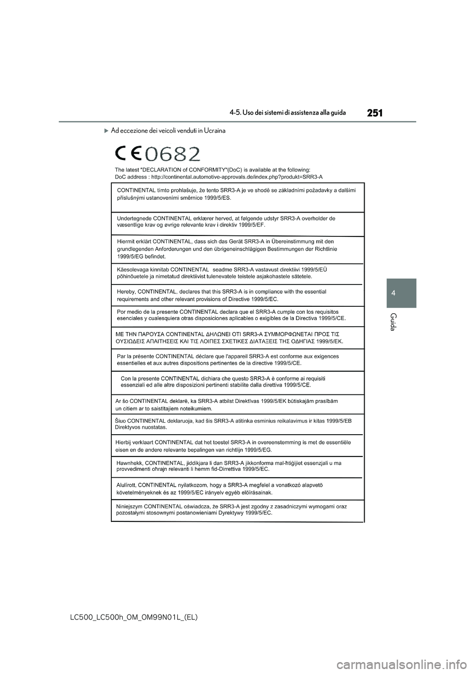 lexus LC500 2018  Manuale del proprietario (in Italian) 251
4
�-�$����@�-�$����I�@�0�.�@�0�.���/���-�@�	�&�-�

4-5. Uso dei sistemi di assistenza alla guida
Guida
Ad eccezione dei veicoli venduti in Ucraina 