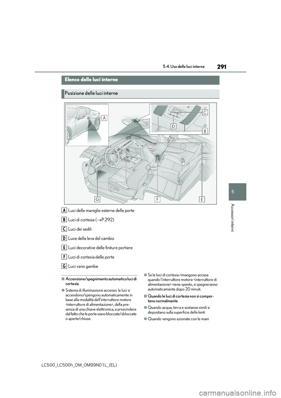 lexus LC500 2018  Manuale del proprietario (in Italian) 291
5
�-�$����@�-�$����I�@�0�.�@�0�.���/���-�@�	�&�-�

5-4. Uso delle luci interne
Accessori interni
5 -4. Us o de ll e l uc i  in tern e
Luci delle maniglie esterne delle porte 
Luci di cor