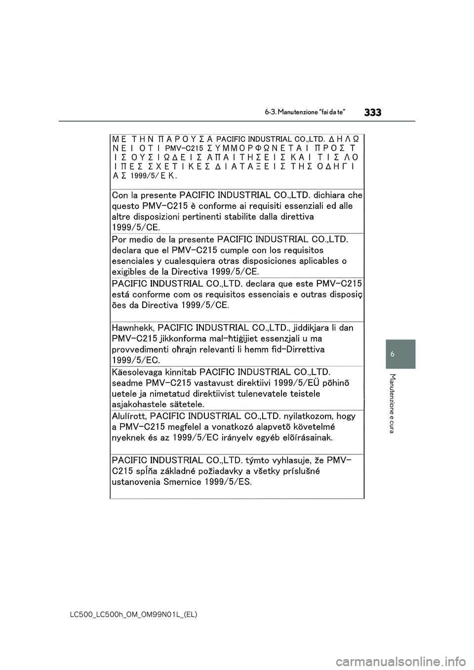 lexus LC500 2018  Manuale del proprietario (in Italian) 333
6
�-�$����@�-�$����I�@�0�.�@�0�.���/���-�@�	�&�-�

6-3. Manutenzione “fai da te”
Manutenzione e cura 