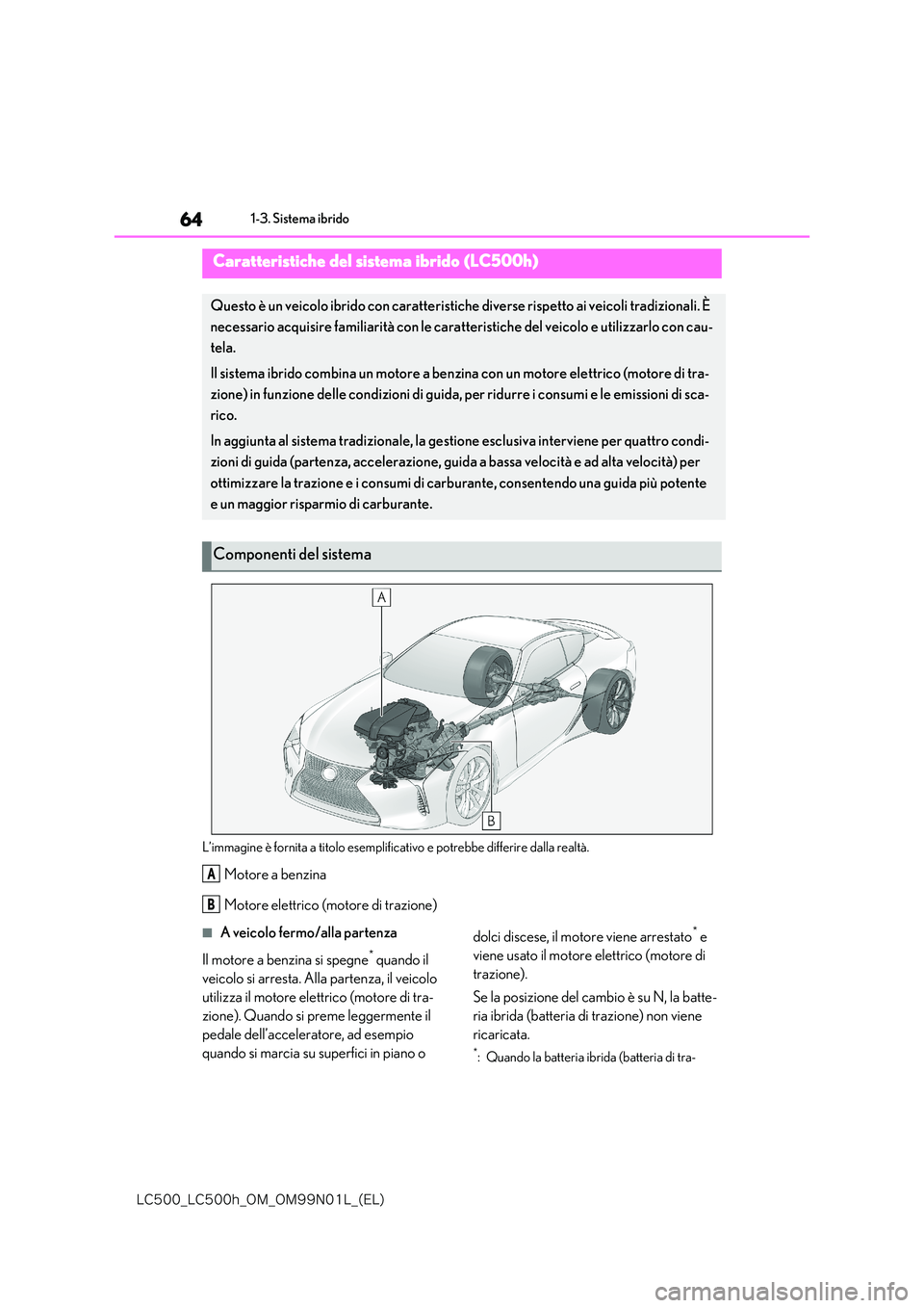 lexus LC500 2018  Manuale del proprietario (in Italian) 64
�-�$����@�-�$����I�@�0�.�@�0�.���/���-�@�	�&�-�

1-3. Sistema ibrido
1-3.Sistema ibrido
L’immagine è fornita a titolo esemplificativo e potrebbe differire dalla realtà.
Motore a benzi