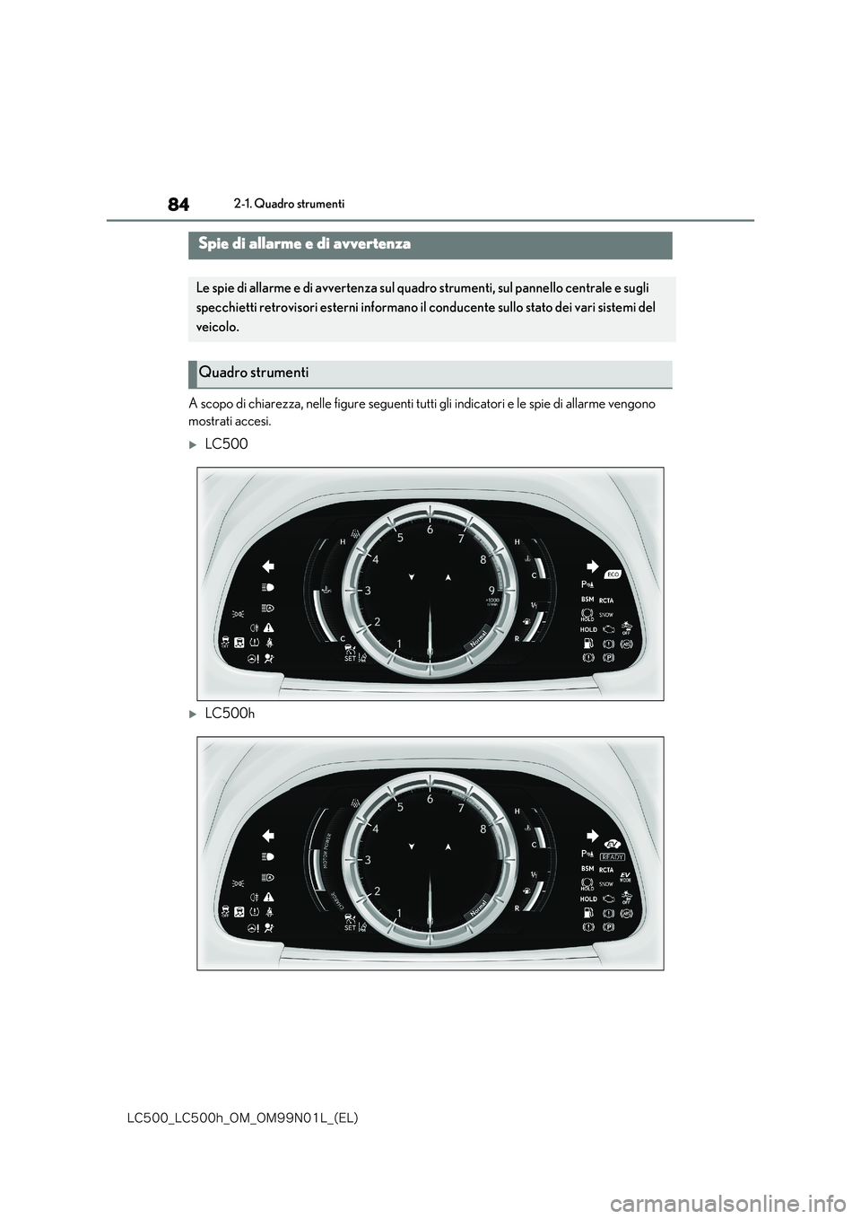 lexus LC500 2018  Manuale del proprietario (in Italian) 84
�-�$����@�-�$����I�@�0�.�@�0�.���/���-�@�	�&�-�

2-1. Quadro strumenti
2-1.Quadro strumenti
A scopo di chiarezza, nelle figure seguenti tutti gli indicatori e le spie di allarme vengono  